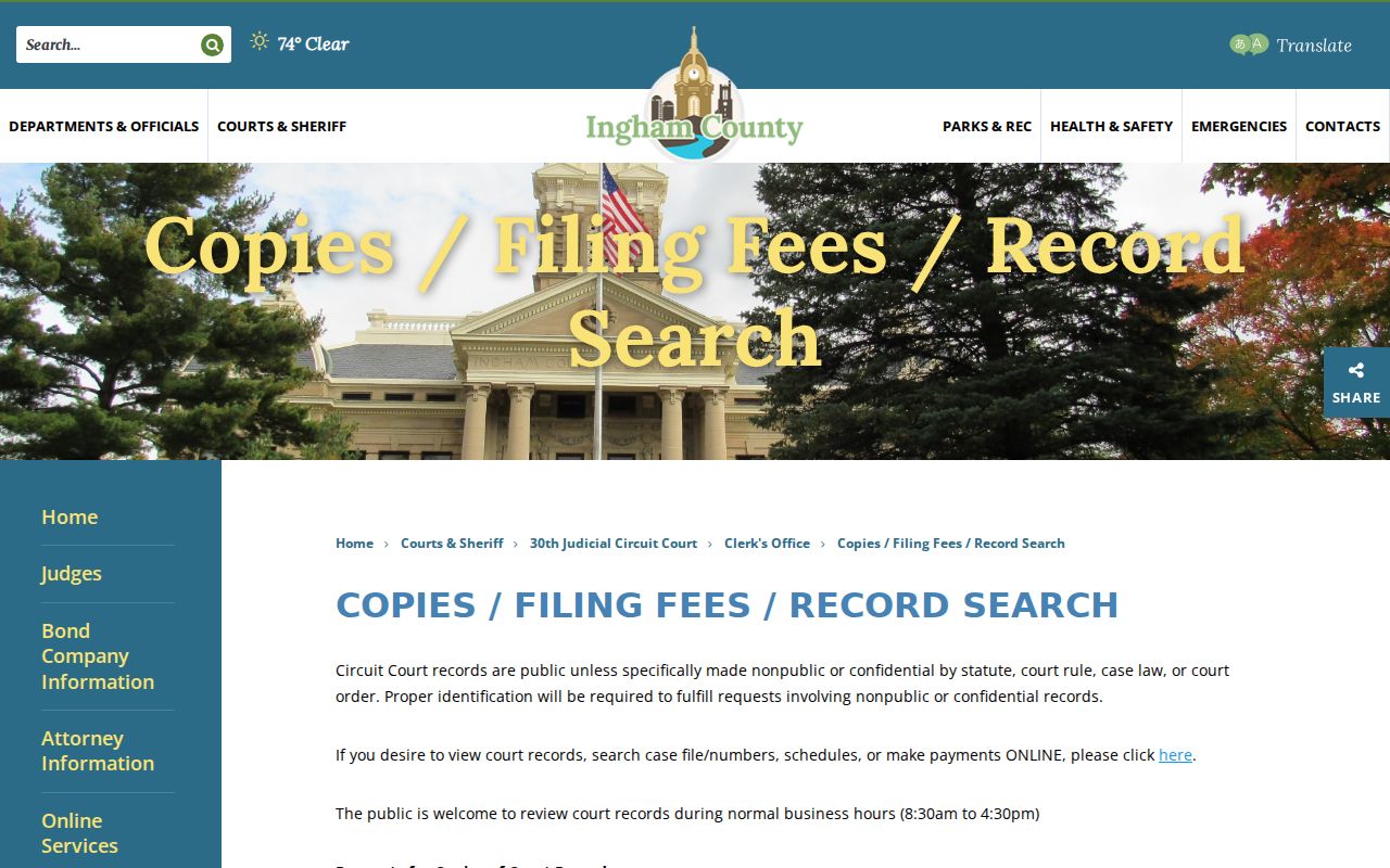 Circuit Court public record request page for Ingham County warrant records