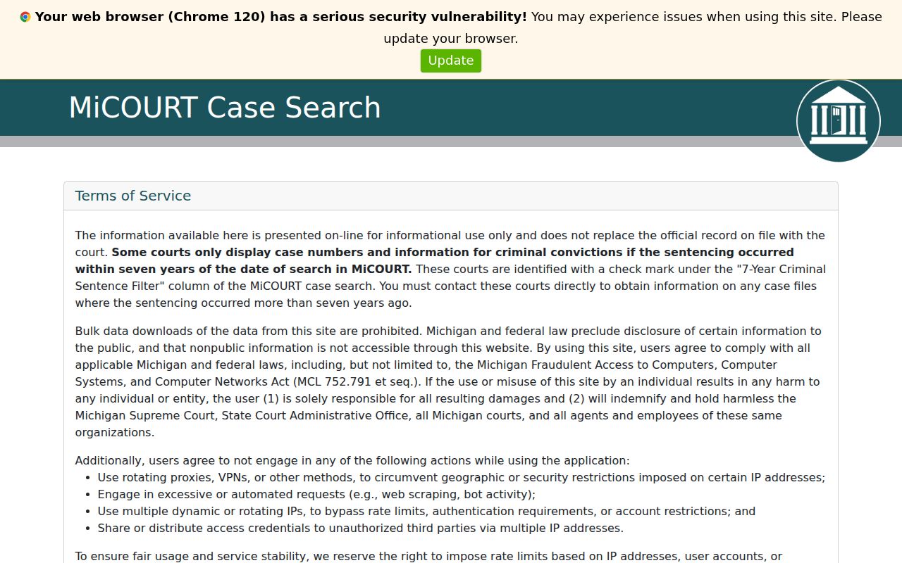 Michigan MiCOURT case search interface used to identify the court holding a warrant