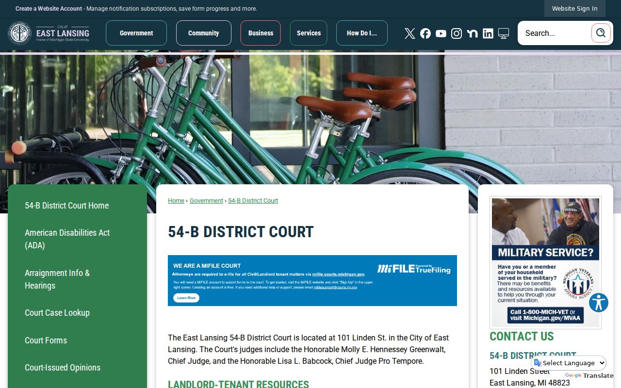 54-B District Court contact table with the Outstanding Warrants email and phone line