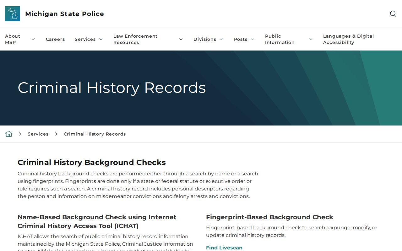 Michigan State Police criminal history page showing it is not an Ingham County warrant records search