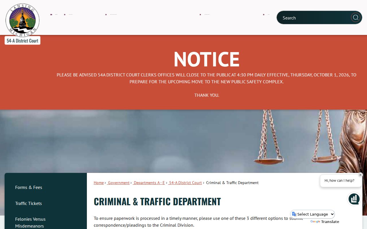 54-A District Court criminal and traffic department navigation for Lansing traffic warrants