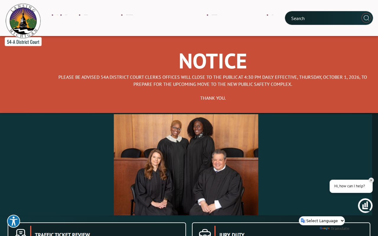 54-A District Court landing page navigation for Lansing city warrant records