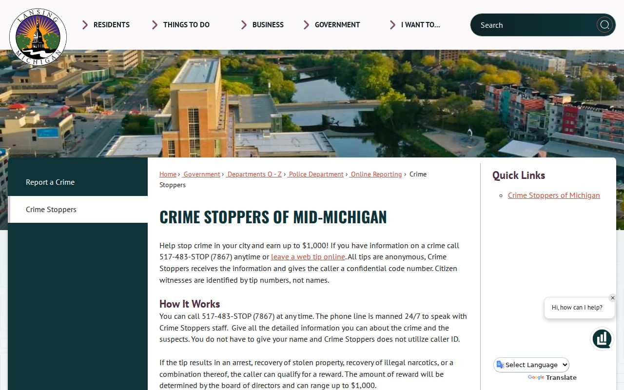 Crime Stoppers of Mid-Michigan tip program landing page for Ingham County