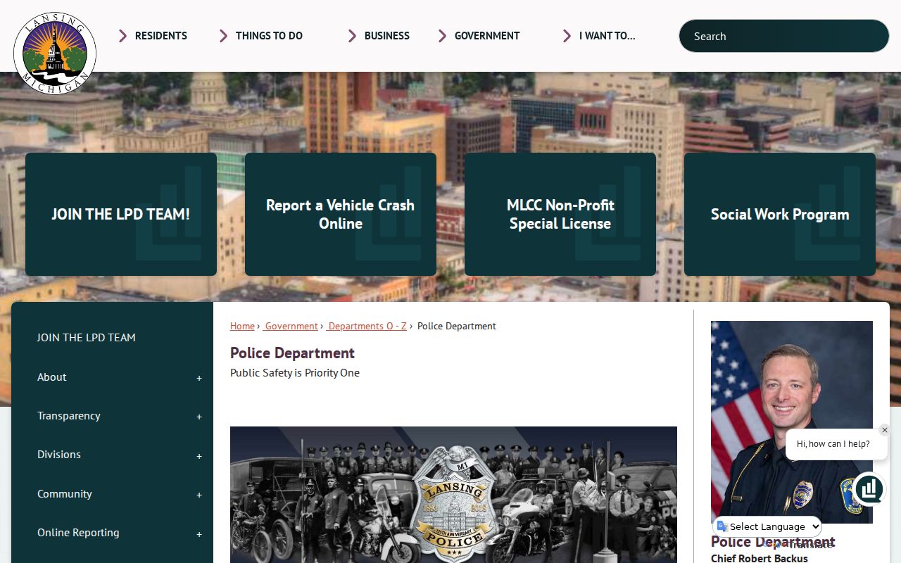 Lansing Police Department page linking to the Crime Stoppers tip program