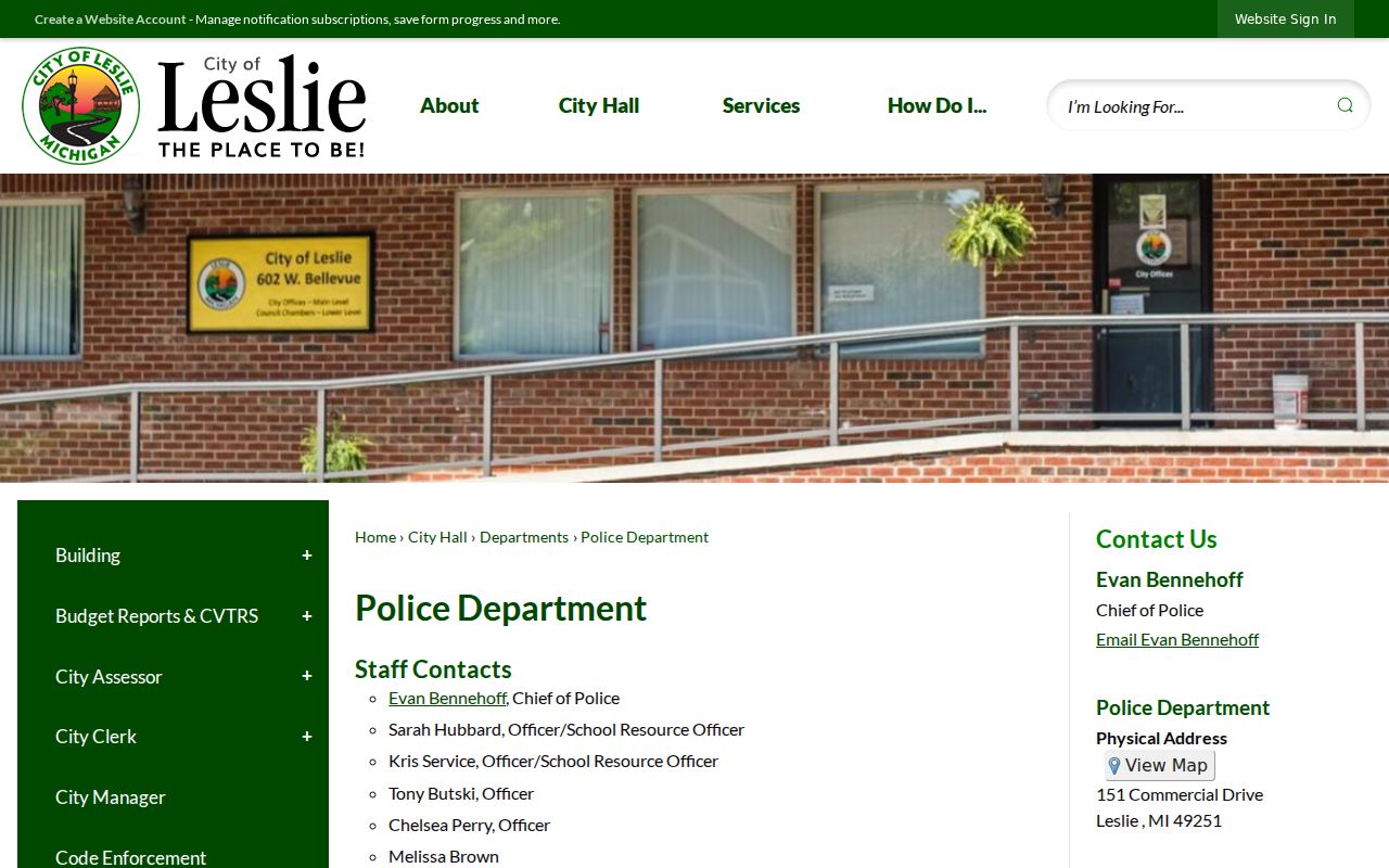 Leslie Police Department page with the local agency contact information