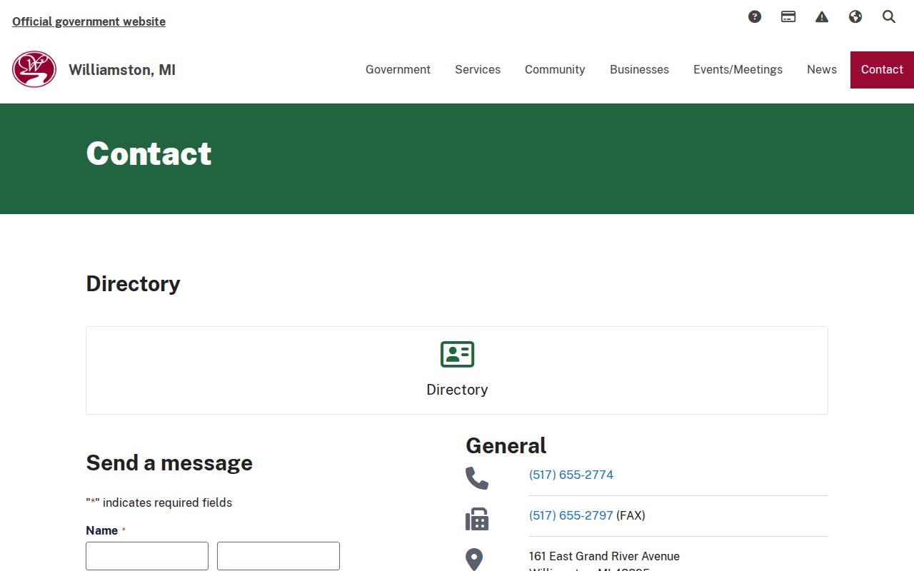 Williamston city contact page listing municipal offices