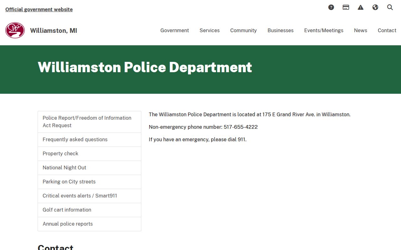 Williamston Police Department page with local agency contact information