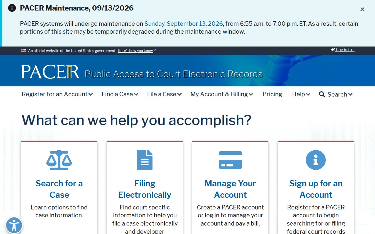 Federal PACER docket search interface for federal arrest warrants