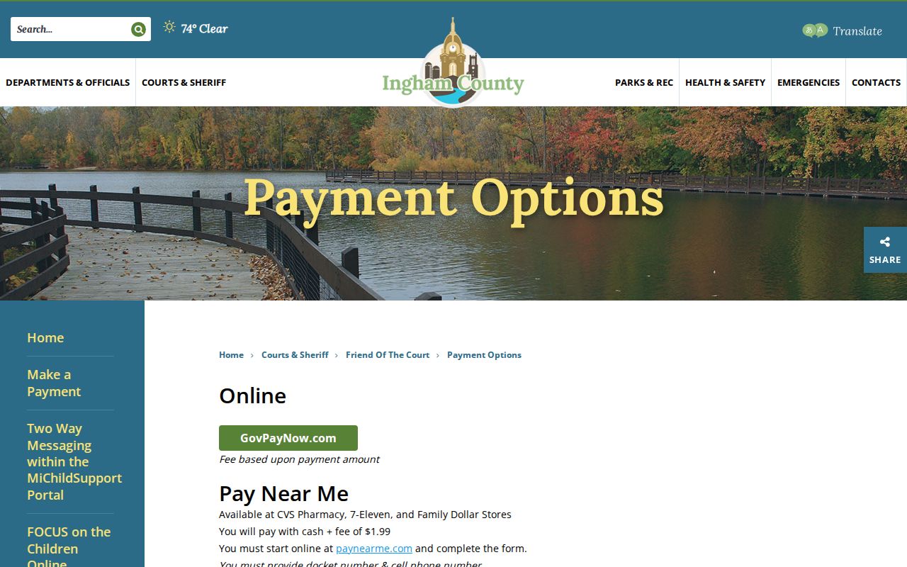 Friend of the Court payment page for Ingham County bench warrant records enforcement