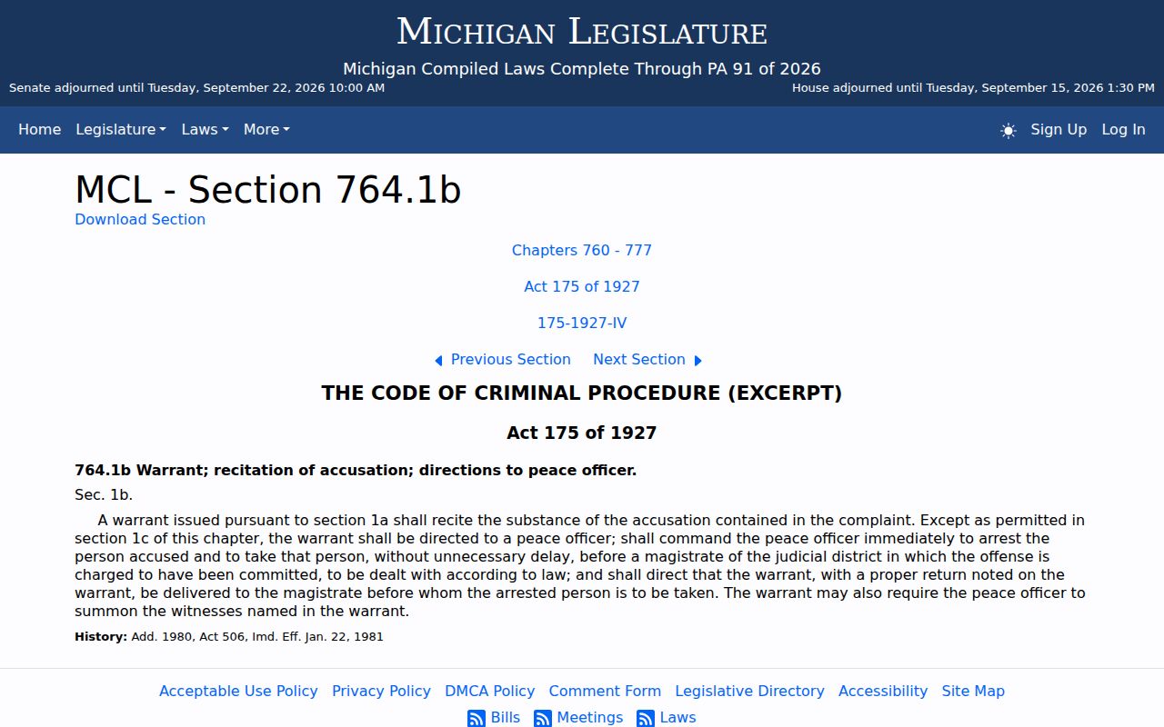 Michigan statute page describing what an arrest warrant must command and return