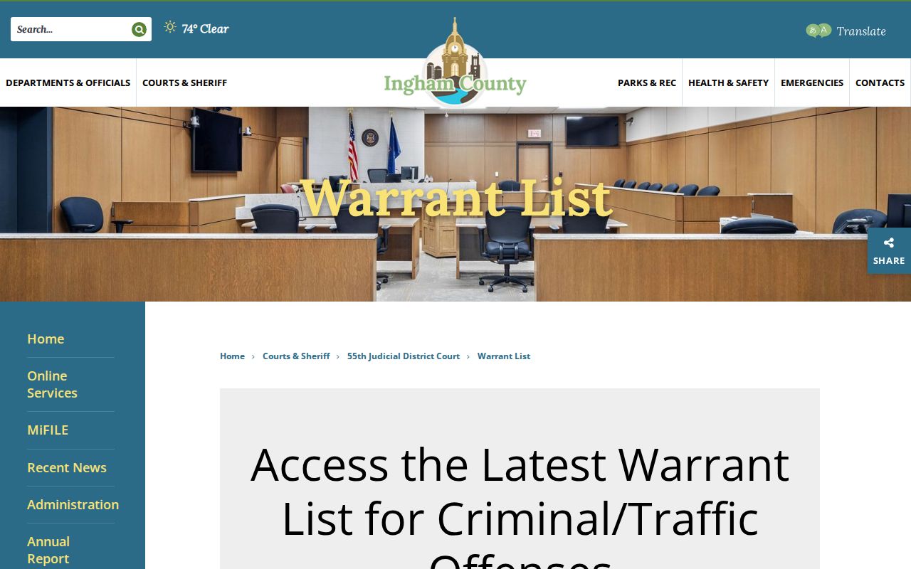 55th District Court active warrant list page for Ingham County warrant records